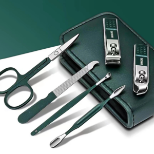 Trousse de Luxe Noir Brillant avec Limes à Ongles, coupes ongle Vertes et Ciseaux à Sourcils Ensemble de Manucure Portatif 6 Pièces