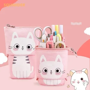 Trousse à Crayons Rétractable en Toile Chat – Grand Étui à Stylos Scolaire et Porte-Stylos pour Enfants