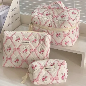 Trousse de Maquillage en Coton Matelassé avec Nœud et Fleurs