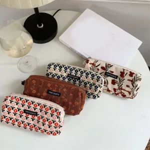 Trousse Cosmétique Fleurie en Velours Côtelé